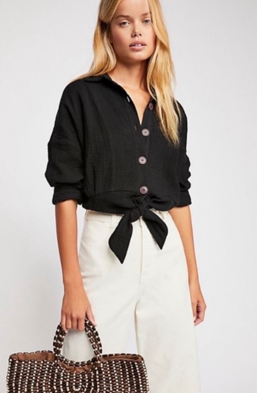 Free People Women's Sun streaks Tie Front long sleeve Black blouse XS